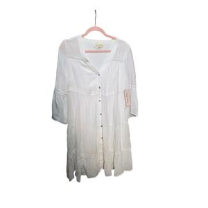 Indigo Rose White Tiered Lace Trim Button Front Boho Mini Dress Size M NWT